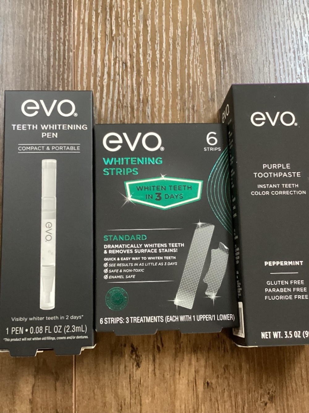 EVO Teeth Whitening Pen, Strips and Purple Toothpaste Bundle NEW/Sealed